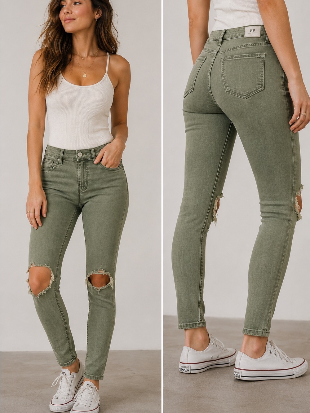 Free People FP Olive Green Distressed Skinny Jeans Women’s Size 28